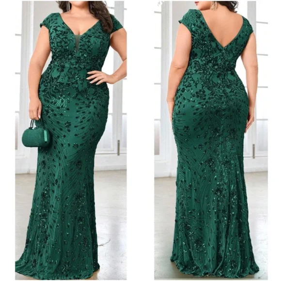 Plus V neck Sequin High Waisted Formal Black Tie Wedding Dress